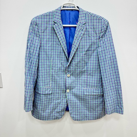Crown and Ivy Mens Sport Coat Southern Style Plaid pink blue checked Sz 46 R - Picture 1 of 6